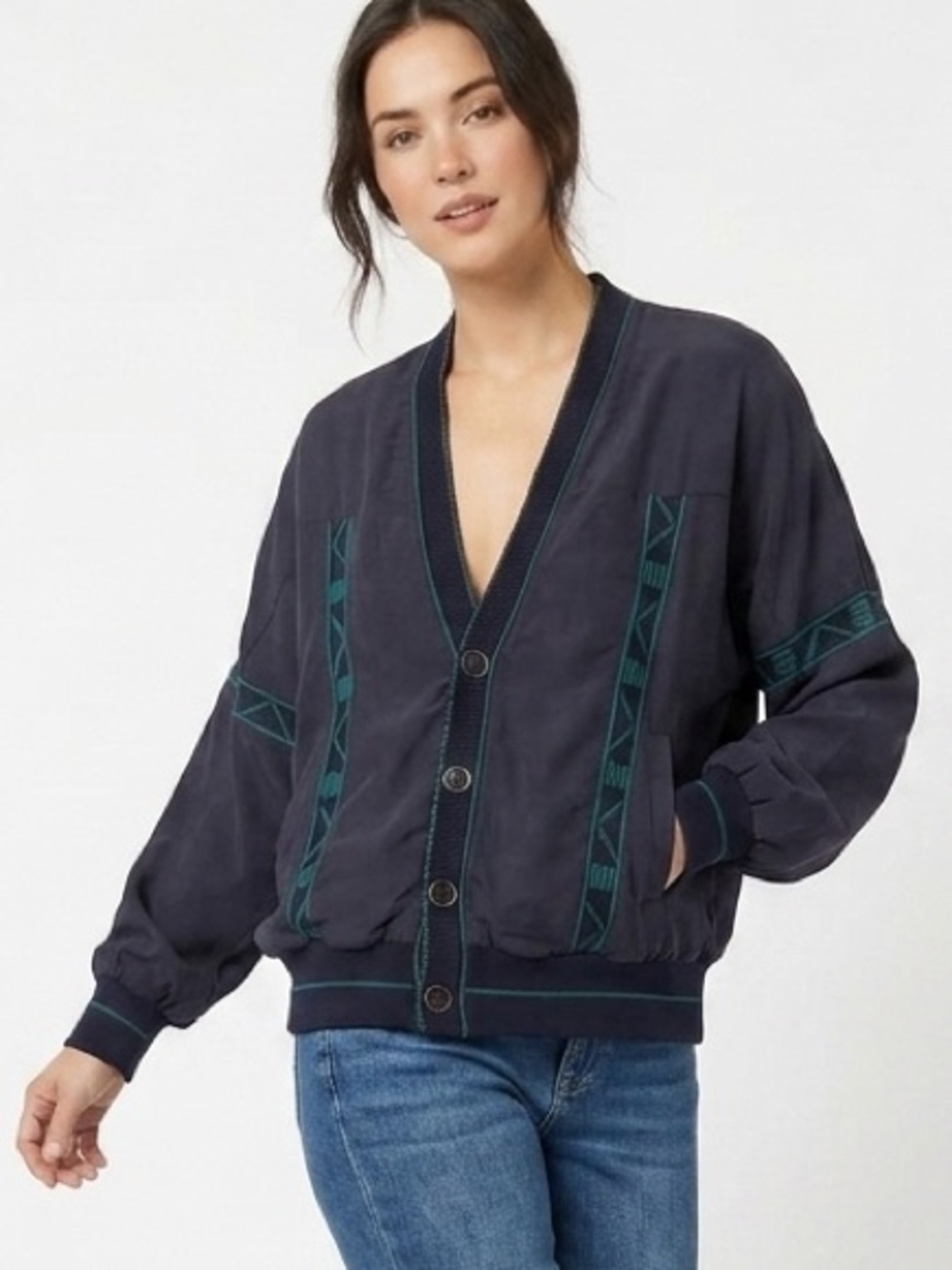 Vintage Torras made in Spain Women’s Navy Bomber Jacket w/Green Trim cotton